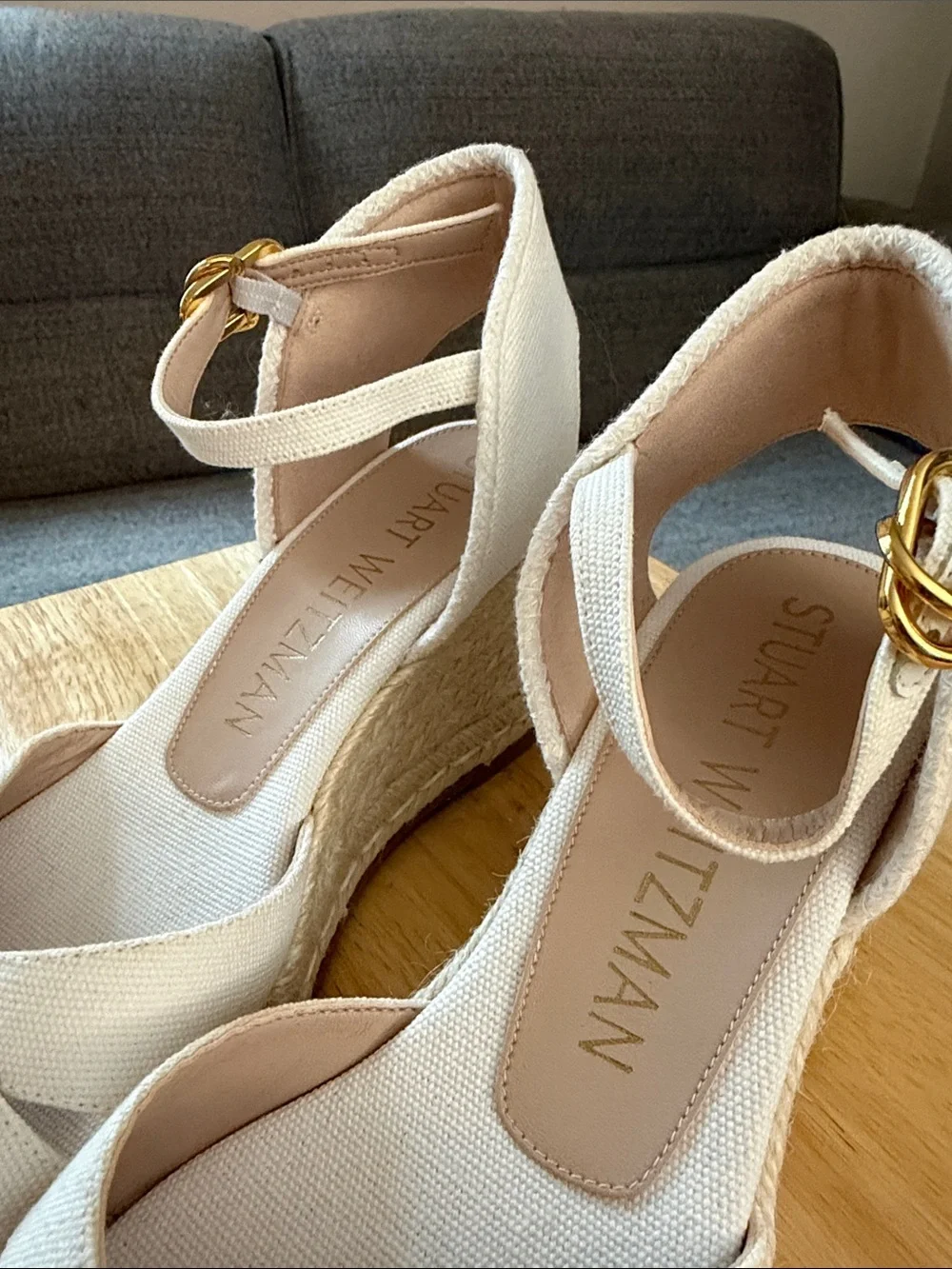 Stuart Weitzman Neutral Linen Crisscross Ankle Strap Wedges - Picture 3 of 5